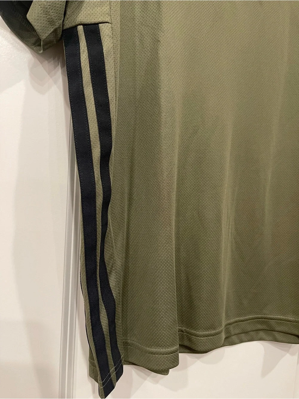 adidas Olive Green Short Sleeve Performance Tee with Black Stripes